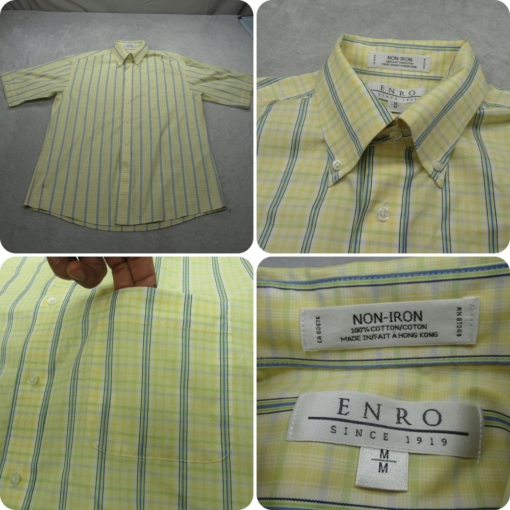 Enro Shirt‎ Mens Medium Yellow Plaid Cotton Short Sleeve Button Down Non Iron